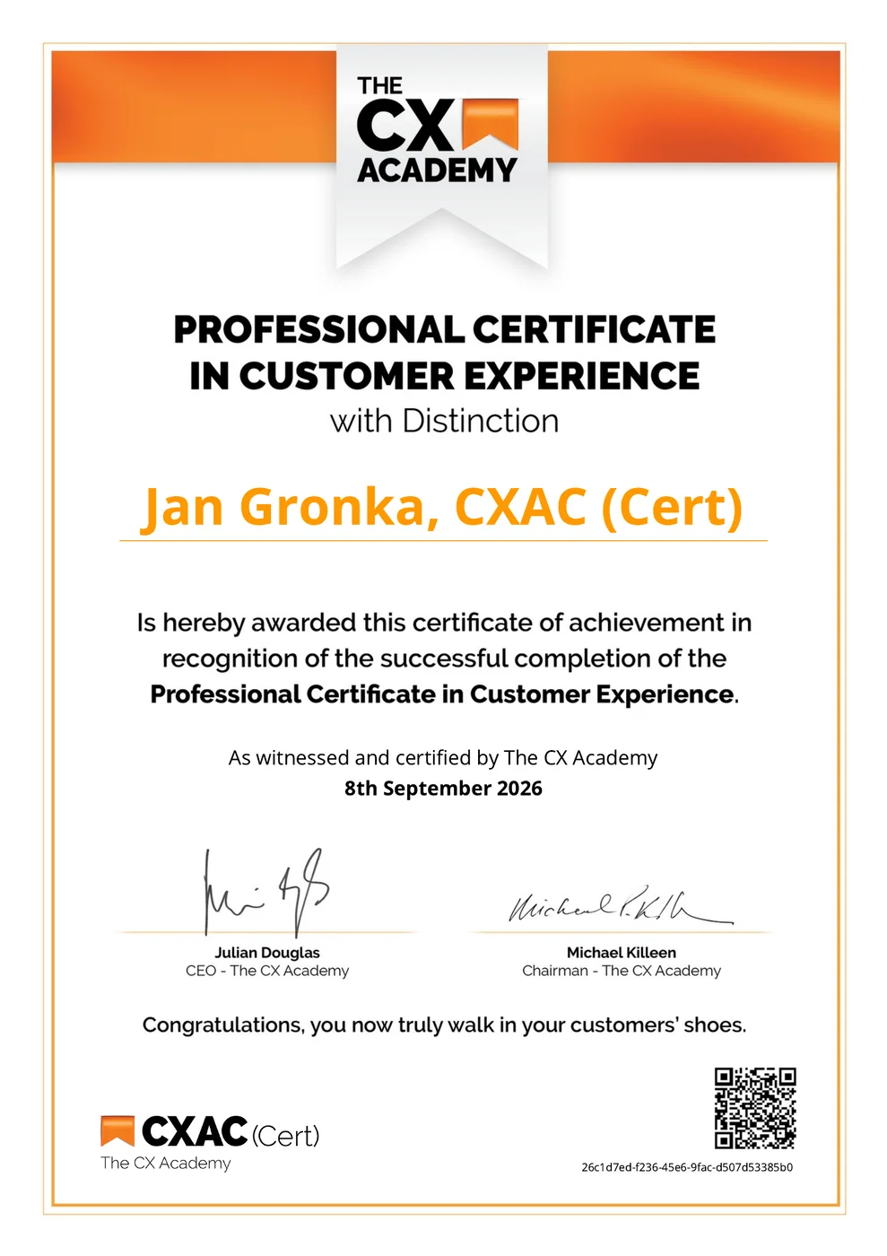 Certifikát The CX Academy, Professional Certificate in Customer Experience with Distinction, 8. září 2026