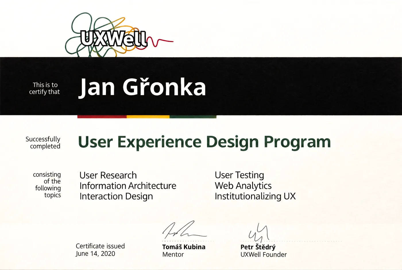 Certifikát UXWell, User Experience Design Program, Jan Gřonka, 14. června 2020